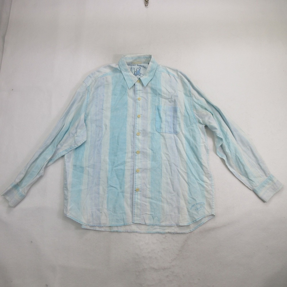 Tommy Bahama Men Shirt 2XL Relax 100% Linen Striped Long Sleeve Button Up Blue